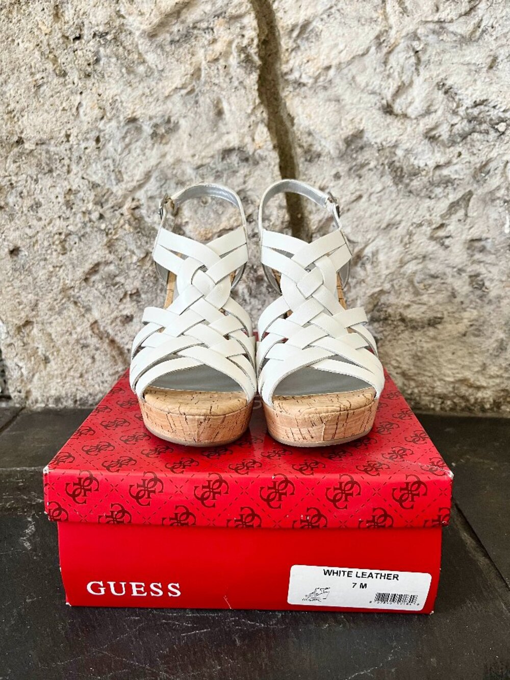 Guess White Leather Wedge Strappy Sandals